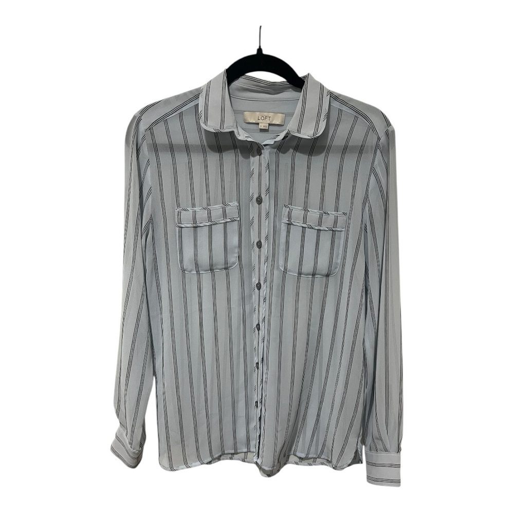 The Loft Blue Black Striped Blouse Peter Pan Collar Casual Work Button Down S